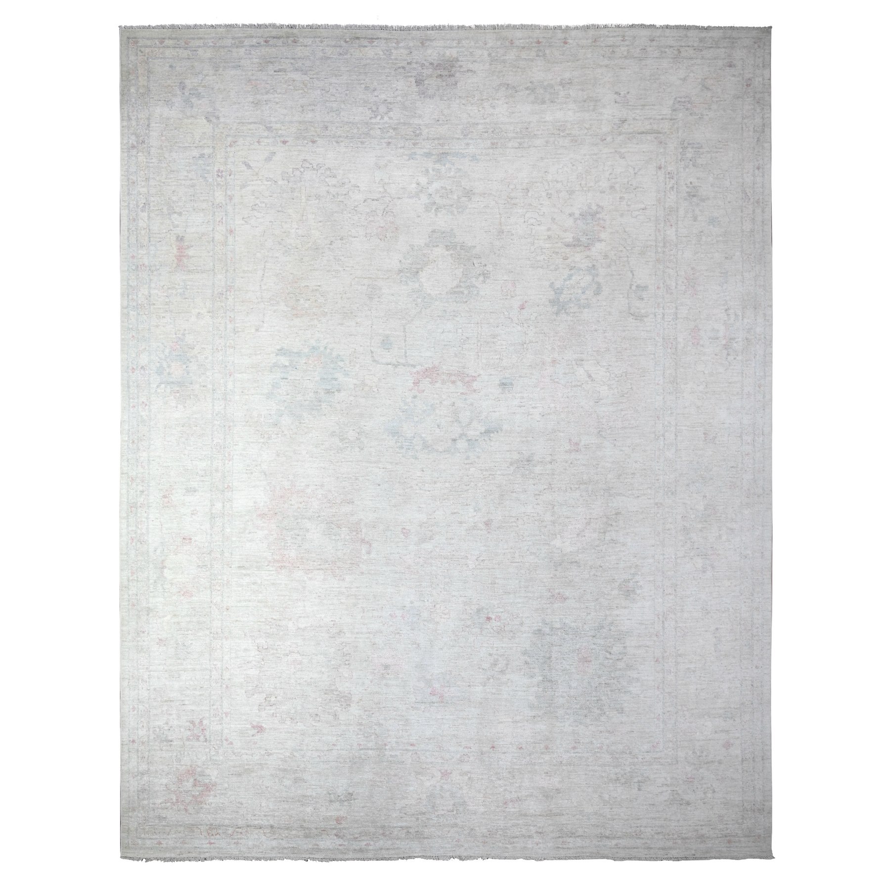 12'x15' Alabaster White, Afghan Angora Oushak with Faded Out Leaf Design, Hand Knotted, 100% Wool, XL, Oversized, Oriental Rug 